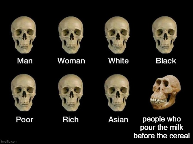 CEREAL GOES FIRST! | people who pour the milk before the cereal | image tagged in skull idiot | made w/ Imgflip meme maker