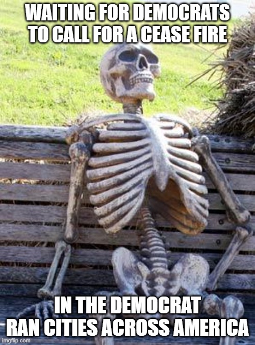 Waiting Skeleton Meme | WAITING FOR DEMOCRATS TO CALL FOR A CEASE FIRE; IN THE DEMOCRAT RAN CITIES ACROSS AMERICA | image tagged in memes,waiting skeleton | made w/ Imgflip meme maker