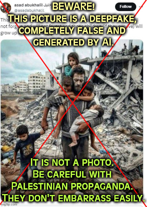 Deepfake picture of Palestine/Gaza generated by AI - not real | BEWARE!
This picture is a deepfake, 
completely false and 
generated by AI. It is not a photo. 
Be careful with 
Palestinian propaganda. 
They don't embarrass easily. | image tagged in deepfake picture of palestine/gaza generated by ai - not real,palestine,gaza,lies,fake news,propaganda | made w/ Imgflip meme maker