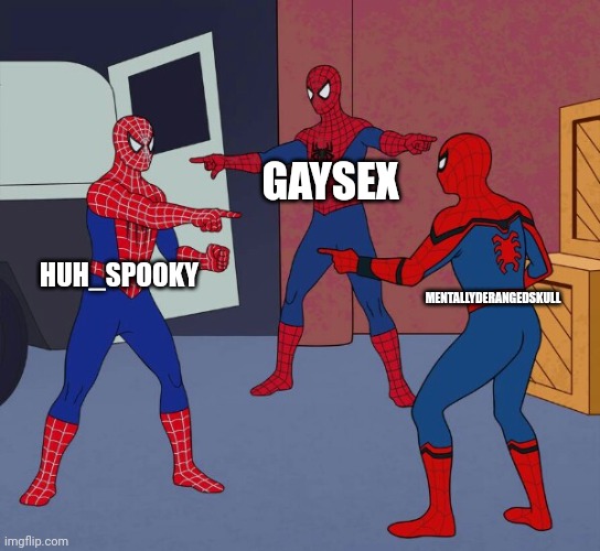 Spider Man Triple | GAYSEX; HUH_SPOOKY; MENTALLYDERANGEDSKULL | image tagged in spider man triple | made w/ Imgflip meme maker