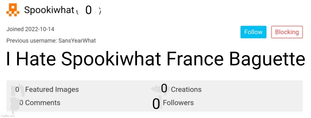I Hate Spookiwhat | 0; I Hate Spookiwhat France Baguette; 0; 0 | image tagged in i hate spookiwhat | made w/ Imgflip meme maker