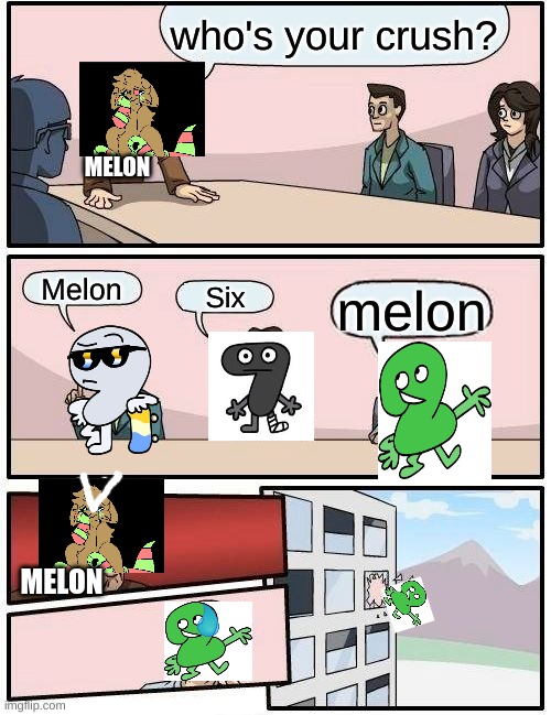 Boardroom Meeting Suggestion | who's your crush? MELON; Melon; Six; melon; MELON | image tagged in memes,boardroom meeting suggestion | made w/ Imgflip meme maker