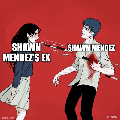And this was how “stitches” was born. | SHAWN MENDEZ; SHAWN MENDEZ’S EX | image tagged in woman shouting knives | made w/ Imgflip meme maker