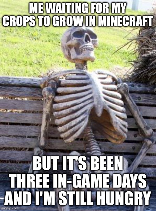 Waiting Skeleton Meme | ME WAITING FOR MY CROPS TO GROW IN MINECRAFT; BUT IT'S BEEN THREE IN-GAME DAYS AND I'M STILL HUNGRY | image tagged in memes,waiting skeleton | made w/ Imgflip meme maker
