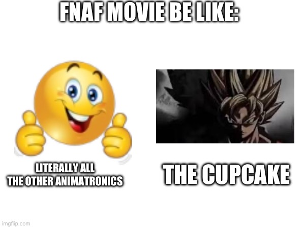 Bro was a menace | FNAF MOVIE BE LIKE:; THE CUPCAKE; LITERALLY ALL THE OTHER ANIMATRONICS | image tagged in fnaf,fnaf movie | made w/ Imgflip meme maker