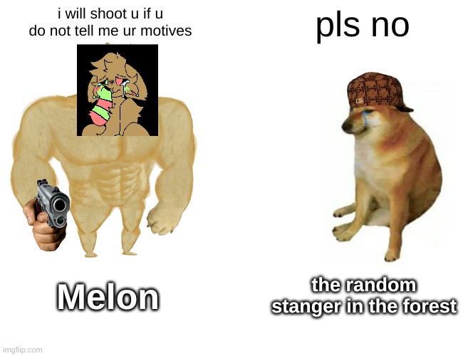 Buff Doge vs. Cheems | i will shoot u if u do not tell me ur motives; pls no; Melon; the random stanger in the forest | image tagged in memes,buff doge vs cheems | made w/ Imgflip meme maker