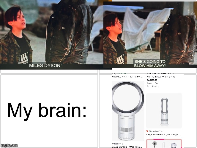 Dyson! | My brain: | image tagged in memes,blank comic panel 2x2 | made w/ Imgflip meme maker