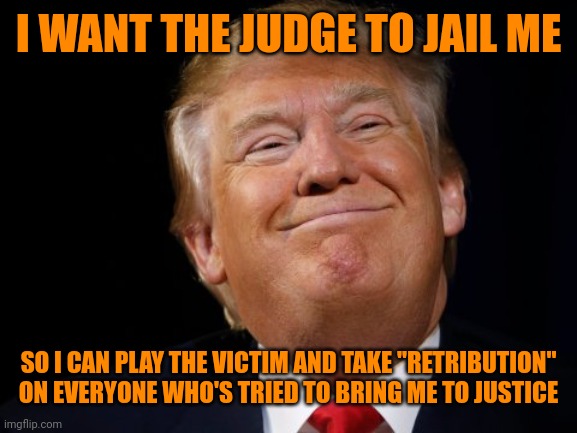 Maybe he can (ghost)write Mein Kampf II while he's there. | I WANT THE JUDGE TO JAIL ME; SO I CAN PLAY THE VICTIM AND TAKE "RETRIBUTION" ON EVERYONE WHO'S TRIED TO BRING ME TO JUSTICE | image tagged in smug trump,criminal minds,scumbag republicans,fascist hypocrisy,darvo politics | made w/ Imgflip meme maker