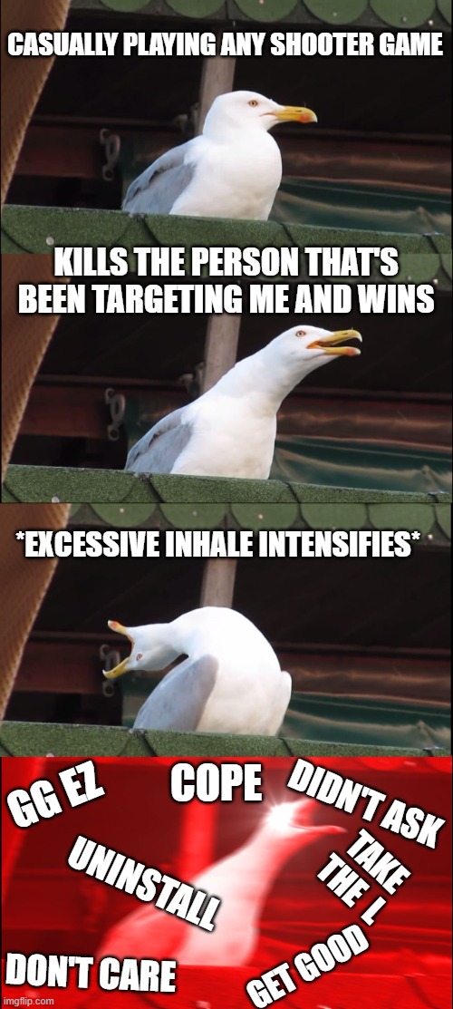 Inhaling Seagull Meme | CASUALLY PLAYING ANY SHOOTER GAME; KILLS THE PERSON THAT'S BEEN TARGETING ME AND WINS; *EXCESSIVE INHALE INTENSIFIES*; COPE; GG EZ; DIDN'T ASK; UNINSTALL; TAKE THE  L; DON'T CARE; GET GOOD | image tagged in memes,inhaling seagull | made w/ Imgflip meme maker