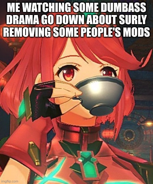 Pyra Tea | ME WATCHING SOME DUMBASS DRAMA GO DOWN ABOUT SURLY REMOVING SOME PEOPLE'S MODS | image tagged in pyra tea | made w/ Imgflip meme maker