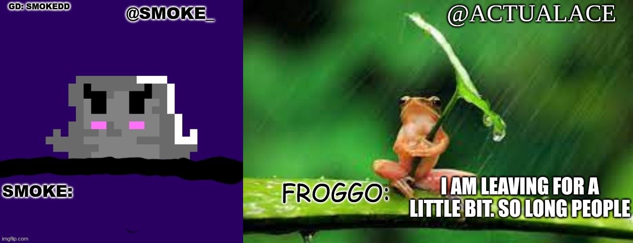 I bet no one will care, but I'm leaving temporarily | I AM LEAVING FOR A LITTLE BIT. SO LONG PEOPLE | image tagged in smoke and froggo shared temp | made w/ Imgflip meme maker