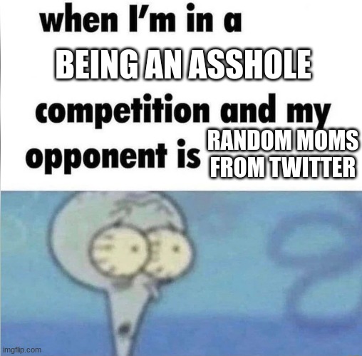 whe i'm in a competition and my opponent is | BEING AN ASSHOLE; RANDOM MOMS FROM TWITTER | image tagged in whe i'm in a competition and my opponent is | made w/ Imgflip meme maker