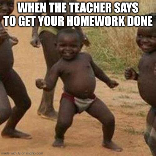 ai be lovin homework | WHEN THE TEACHER SAYS TO GET YOUR HOMEWORK DONE | image tagged in memes,third world success kid | made w/ Imgflip meme maker