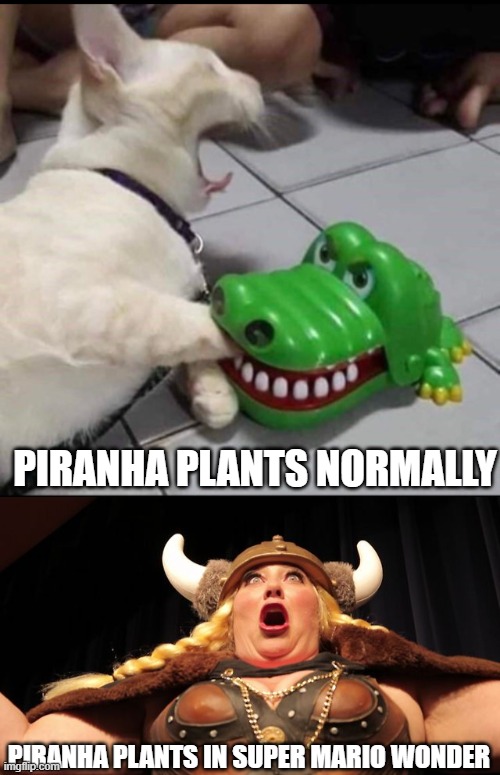 Pirlala plants | PIRANHA PLANTS NORMALLY; PIRANHA PLANTS IN SUPER MARIO WONDER | image tagged in fat lady singing,gator biting dog | made w/ Imgflip meme maker