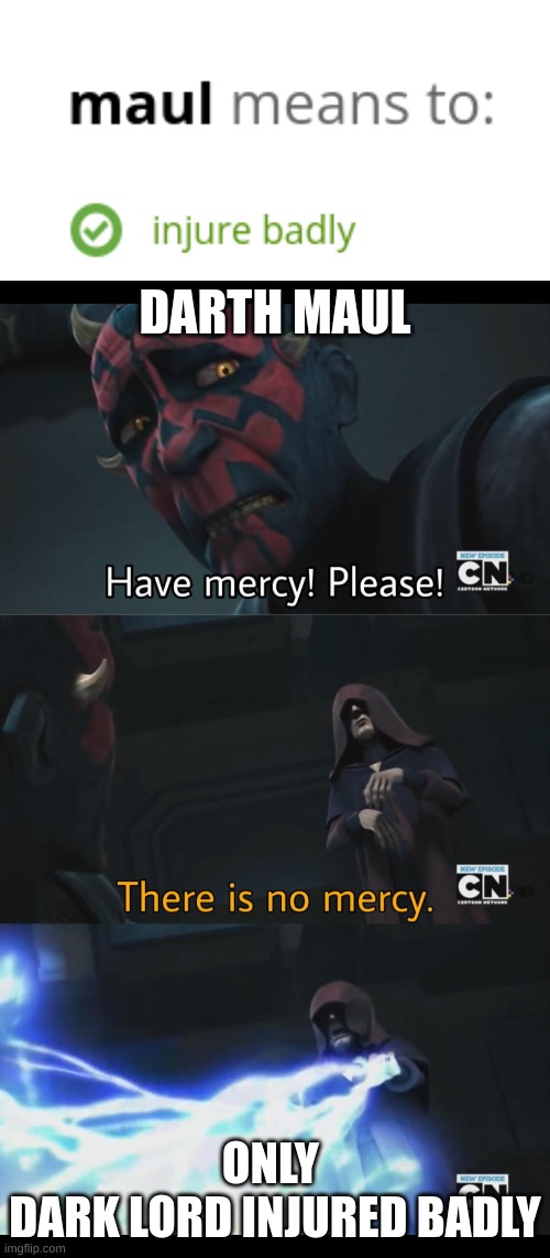 DARTH MAUL; ONLY 
DARK LORD INJURED BADLY | image tagged in no mercy | made w/ Imgflip meme maker