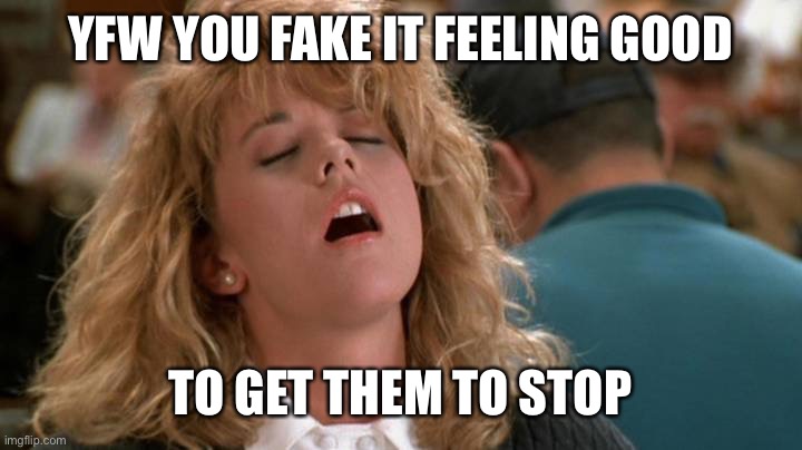 harry met sally orgasm | YFW YOU FAKE IT FEELING GOOD TO GET THEM TO STOP | image tagged in harry met sally orgasm | made w/ Imgflip meme maker