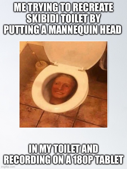 skibidi dop dop dop | ME TRYING TO RECREATE SKIBIDI TOILET BY PUTTING A MANNEQUIN HEAD; IN MY TOILET AND RECORDING ON A 180P TABLET | image tagged in skibidi toilet,memes,skibidi dop,meme,funny | made w/ Imgflip meme maker