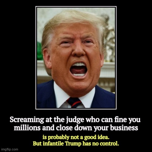 Trump hurled insults in all directions but he never refuted the charges against him. That's not a defense. | Screaming at the judge who can fine you 
millions and close down your business | is probably not a good idea. But infantile Trump has no con | image tagged in funny,demotivationals,trump,infant,baby,toddler | made w/ Imgflip demotivational maker