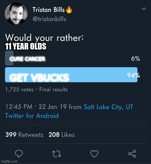 Would you rather | 11 YEAR OLDS; CURE CANCER; GET VBUCKS | image tagged in would you rather | made w/ Imgflip meme maker