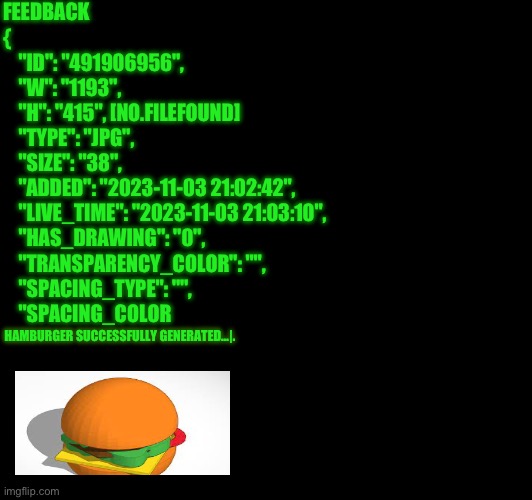 H A M B O R G O R | FEEDBACK 
{
    "ID": "491906956",
    "W": "1193",
    "H": "415", [NO.FILEFOUND]
    "TYPE": "JPG",
    "SIZE": "38",
    "ADDED": "2023-11-03 21:02:42",
    "LIVE_TIME": "2023-11-03 21:03:10",
    "HAS_DRAWING": "0",
    "TRANSPARENCY_COLOR": "",
    "SPACING_TYPE": "",
    "SPACING_COLOR; HAMBURGER SUCCESSFULLY GENERATED…|. | made w/ Imgflip meme maker