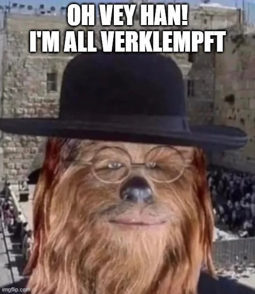 Jewbacca | OH VEY HAN! I'M ALL VERKLEMPFT | image tagged in star wars,chewbacca | made w/ Imgflip meme maker