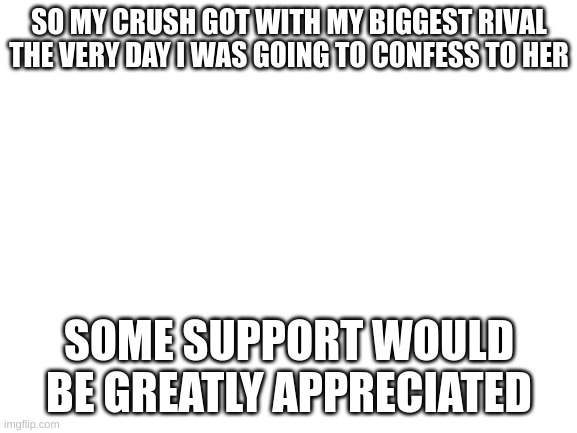please this really hit me | SO MY CRUSH GOT WITH MY BIGGEST RIVAL THE VERY DAY I WAS GOING TO CONFESS TO HER; SOME SUPPORT WOULD BE GREATLY APPRECIATED | image tagged in help me,please | made w/ Imgflip meme maker