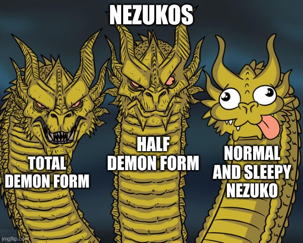 Three-headed Dragon | NEZUKOS; HALF DEMON FORM; NORMAL AND SLEEPY NEZUKO; TOTAL DEMON FORM | image tagged in three-headed dragon | made w/ Imgflip meme maker