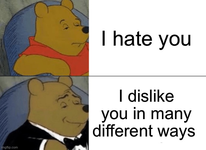 Another Pooh meme | I hate you; I dislike you in many different ways | image tagged in memes,tuxedo winnie the pooh | made w/ Imgflip meme maker