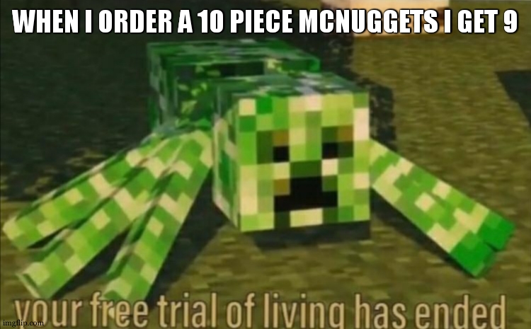 Your Free Trial of Living Has Ended | WHEN I ORDER A 10 PIECE MCNUGGETS I GET 9 | image tagged in your free trial of living has ended | made w/ Imgflip meme maker