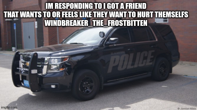 IM RESPONDING TO I GOT A FRIEND THAT WANTS TO OR FEELS LIKE THEY WANT TO HURT THEMSELFS
WINDBREAKER_THE_FROSTBITTEN | made w/ Imgflip meme maker
