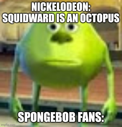 Sully Wazowski | NICKELODEON: SQUIDWARD IS AN OCTOPUS; SPONGEBOB FANS: | image tagged in sully wazowski,spongebob,squidward,nickelodeon | made w/ Imgflip meme maker