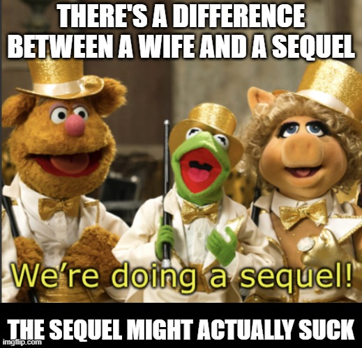 It's a Sequel | THERE'S A DIFFERENCE BETWEEN A WIFE AND A SEQUEL; THE SEQUEL MIGHT ACTUALLY SUCK | image tagged in we re doing a sequel | made w/ Imgflip meme maker