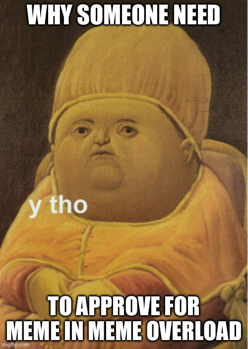 Y tho baby | WHY SOMEONE NEED; TO APPROVE FOR MEME IN MEME OVERLOAD | image tagged in y tho baby | made w/ Imgflip meme maker