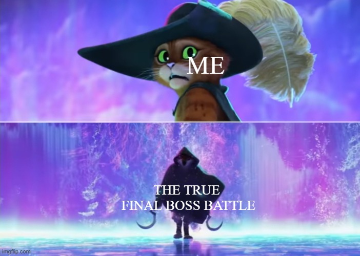 true final boss battles be like | ME; THE TRUE
 FINAL BOSS BATTLE | image tagged in puss and boots scared | made w/ Imgflip meme maker