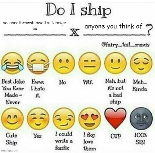 do i ship __x__? | necoarcthrowshimselfoffabrige
me; anyone you think of | image tagged in do i ship __x__ | made w/ Imgflip meme maker