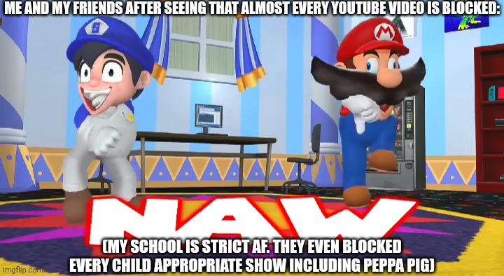 SMG4 hell naw | ME AND MY FRIENDS AFTER SEEING THAT ALMOST EVERY YOUTUBE VIDEO IS BLOCKED:; (MY SCHOOL IS STRICT AF. THEY EVEN BLOCKED EVERY CHILD APPROPRIATE SHOW INCLUDING PEPPA PIG) | image tagged in smg4 hell naw | made w/ Imgflip meme maker