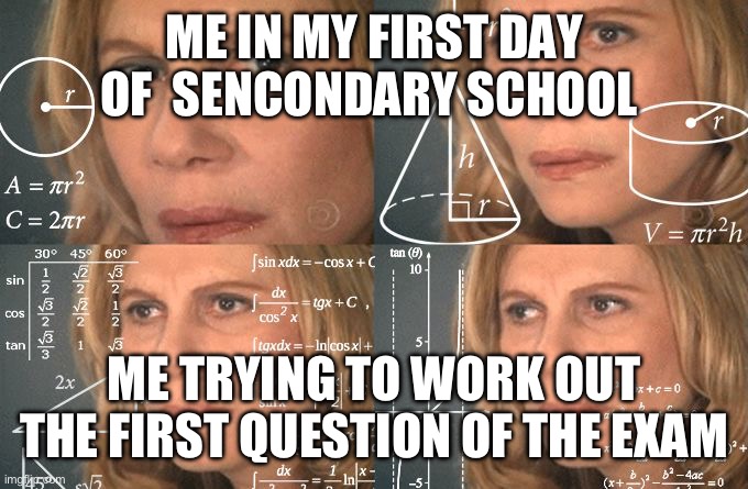 School meme | ME IN MY FIRST DAY OF  SENCONDARY SCHOOL; ME TRYING TO WORK OUT THE FIRST QUESTION OF THE EXAM | image tagged in calculating meme | made w/ Imgflip meme maker