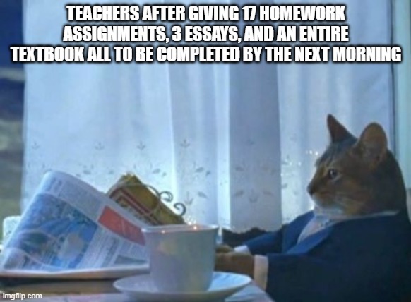 exactly what we needed | TEACHERS AFTER GIVING 17 HOMEWORK ASSIGNMENTS, 3 ESSAYS, AND AN ENTIRE TEXTBOOK ALL TO BE COMPLETED BY THE NEXT MORNING | image tagged in memes,i should buy a boat cat,funny,gifs,not really a gif,oh wow are you actually reading these tags | made w/ Imgflip meme maker