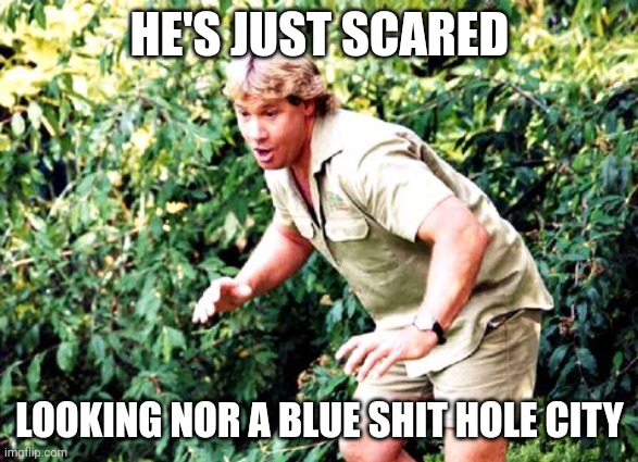 Blue shit hole | HE'S JUST SCARED; LOOKING NOR A BLUE SHIT HOLE CITY | image tagged in crocodile hunter steve irwin | made w/ Imgflip meme maker