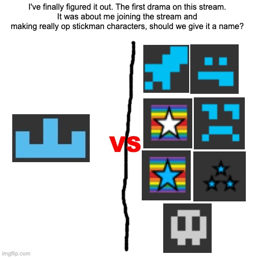 this happened in like august 2022 or something | I've finally figured it out. The first drama on this stream.
It was about me joining the stream and making really op stickman characters, should we give it a name? VS | made w/ Imgflip meme maker