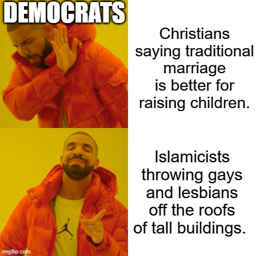 This is just another example of how the left is void of logic and reason. | DEMOCRATS; Christians saying traditional marriage is better for raising children. Islamicists throwing gays and lesbians off the roofs of tall buildings. | image tagged in christians leave lgbt alone,islamacists kill lgbt,conservatives see the facts,liberals just dont pay attention | made w/ Imgflip meme maker