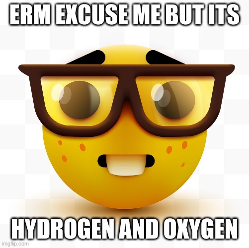 Nerd emoji | ERM EXCUSE ME BUT ITS HYDROGEN AND OXYGEN | image tagged in nerd emoji | made w/ Imgflip meme maker