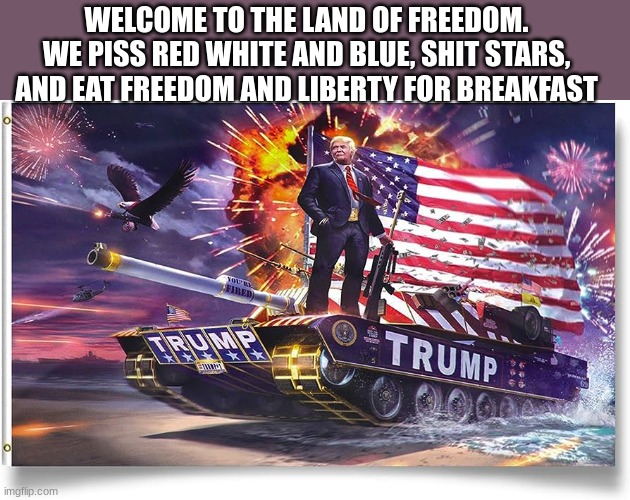 'Murica | WELCOME TO THE LAND OF FREEDOM. WE PISS RED WHITE AND BLUE, SHIT STARS, AND EAT FREEDOM AND LIBERTY FOR BREAKFAST | image tagged in meme,made in usa | made w/ Imgflip meme maker