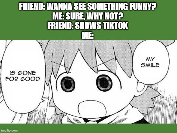 FRIEND: WANNA SEE SOMETHING FUNNY?
ME: SURE, WHY NOT?
FRIEND: SHOWS TIKTOK
ME: | made w/ Imgflip meme maker