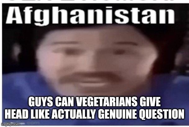 Because eating penis has to break a vegetarian rule | GUYS CAN VEGETARIANS GIVE HEAD LIKE ACTUALLY GENUINE QUESTION | image tagged in markiplier afghanistan | made w/ Imgflip meme maker