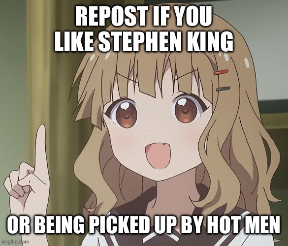 Literally just being picked up | REPOST IF YOU LIKE STEPHEN KING; OR BEING PICKED UP BY HOT MEN | image tagged in the person above me | made w/ Imgflip meme maker