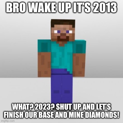 WAKE UP | BRO WAKE UP IT’S 2013; WHAT? 2023? SHUT UP AND LET’S FINISH OUR BASE AND MINE DIAMONDS! | image tagged in steve | made w/ Imgflip meme maker