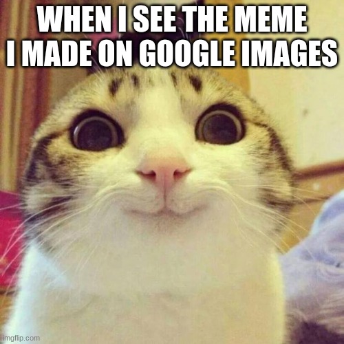 I love when this happens | WHEN I SEE THE MEME I MADE ON GOOGLE IMAGES | image tagged in memes,smiling cat,google images | made w/ Imgflip meme maker