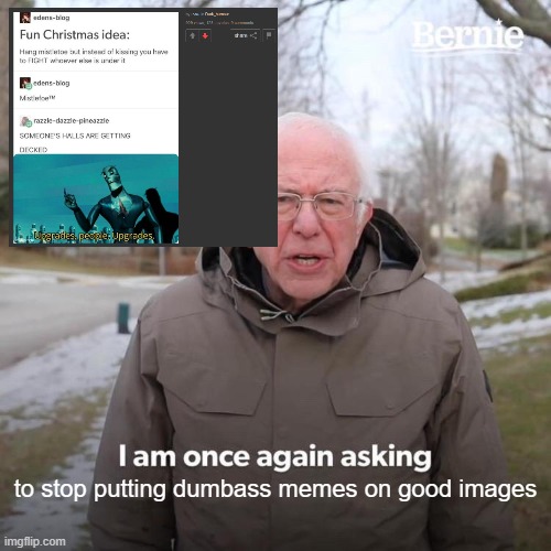 It isn't funny, it isn't clever, it's annoying, and it's dumb. stop. | to stop putting dumbass memes on good images | image tagged in memes,bernie i am once again asking for your support | made w/ Imgflip meme maker