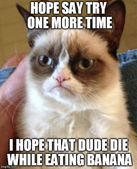 Grumpy Cat Meme | HOPE SAY TRY ONE MORE TIME I HOPE THAT DUDE DIE WHILE EATING BANANA | image tagged in memes,grumpy cat | made w/ Imgflip meme maker